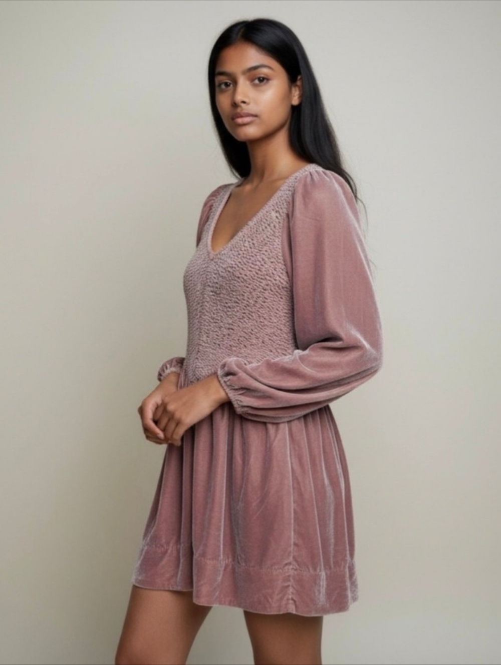 Free People Ferrier Winter Bloom Velvet Smocked Bodice Mini‎ Dress